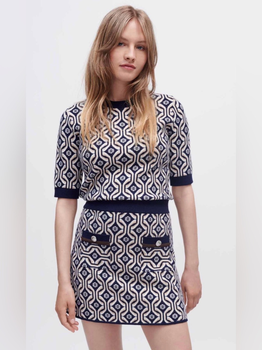 MAJE Jolie Navy/Beige Jacquard Knit Geometric Print Mini Skirt Size 2